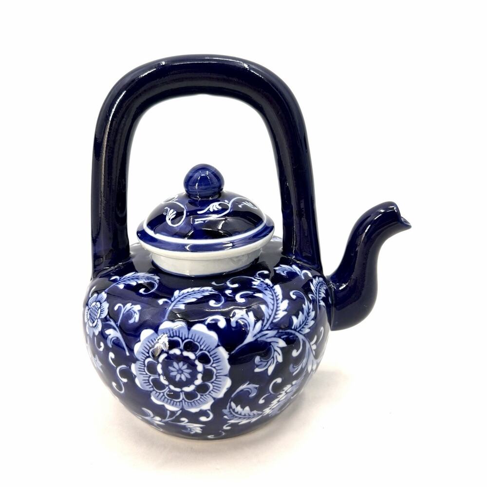 Mandarin Style Cobalt Blue White Floral Lidded Porcelain Teapot